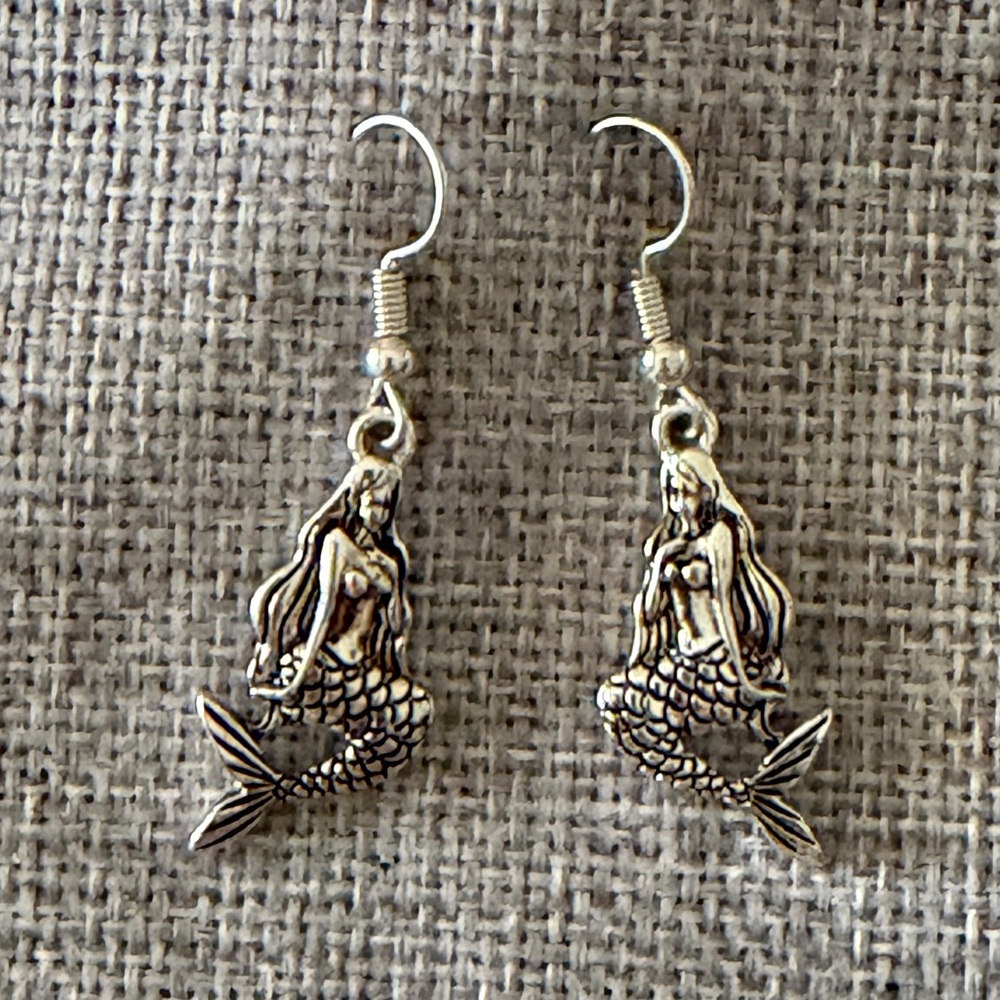 Mermaid Dangle Earrings Silver Tone Nautical Ocean Fantasy
